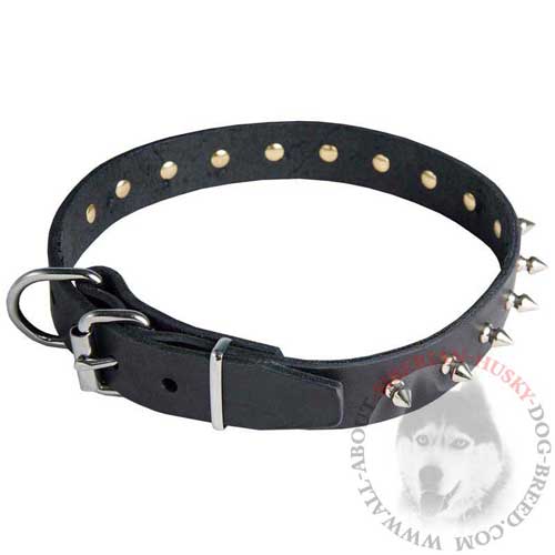 Adjustable Leather Siberian Husky Collar with Silver-like Buckle and D-ring
