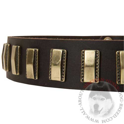 Golidish Brass Plates Decorate Leather Siberian Husky Collar
