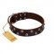 "Blossom Jewel" FDT Artisan Brown Leather Siberian Husky Collar with Two Rows of Silver-like Studs with Engraved Flowers