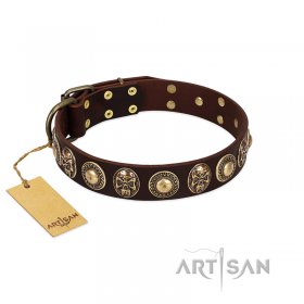 "Caribbean Treasures" FDT Artisan Brown Leather Dog Collar with Old-Bronze-like Conchos and Medallions with Skulls  "Caribbean Treasures" FDT Artisan Brown Leather Dog Collar with Old-Bronze-like Conchos and Medallions with Skulls