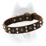 Luxury Leather Collar with Two Rows of Pyramids and One Row of Studs