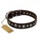 "Gorgeous Shields" FDT Artisan Brown Leather Siberian Husky Collar with Old Silver-like Circles and Small Camomiles