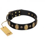 "Gilded Stones" FDT Artisan Black Leather Siberian Husky Collar with Old Bronze-like Ovals and Studs - 1 1/2 inch (40 mm) wide