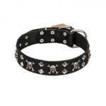 FDT Artisan 'Rock 'n' Roll Style' Fancy Leather Siberian Husky Collar with Skulls, Bones and Studs 1 1/2 inch (40 mm) wide