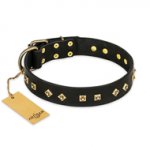 "Rhomb Style" FDT Artisan Decorated Leather Siberian Husky Collar with Old Bronze-Plated Studs 1 1/2 inch (40 mm) Wide