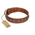 "Velvet Kiss" Handmade FDT Artisan Tan Leather Siberian Husky Collar with Vintage Medallions