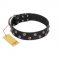 "Power-Flower" FDT Artisan Black Leather Siberian Husky Collar with Two Rows of Silver-like Studs with Engraved Flowers