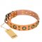 'Sophisticated Glamor' FDT Artisan Tan Leather Husky Collar with Fancy Old-Bronze Plated Decorations