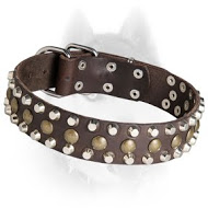 Elegant Leather Siberian Husky Collar with 3 Rows of Studs and Pyramids