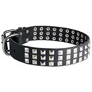 Leather Siberian Husky Collar with 3 Rows of Nickel Pyramids