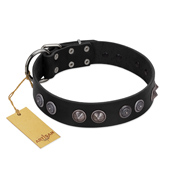 "Silver Medallions" Mod FDT Artisan Black Leather Siberian Husky Collar with Round Plates