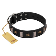 "Pirates' Symbol" Fashionable FDT Artisan Black Leather Siberian Husky Collar with Silver-Like Plates and Gold-Like Skulls