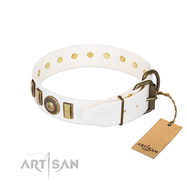 Designer natural leather dog collar with durable D-ring