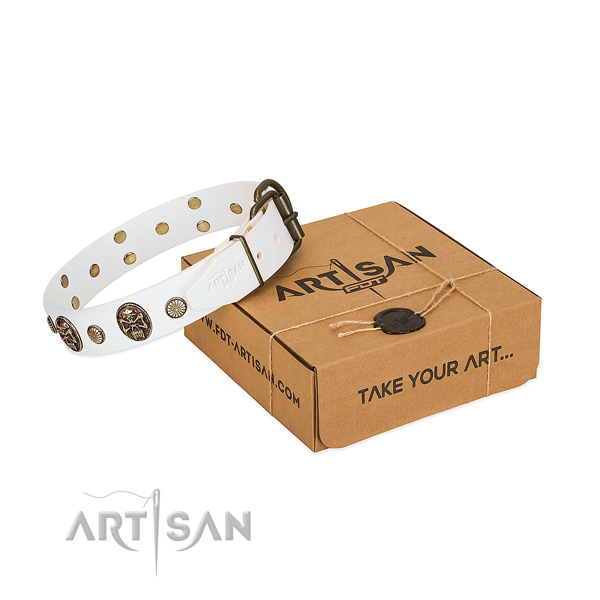 Corrosion proof buckle on full grain genuine leather dog collar for comfy wearing