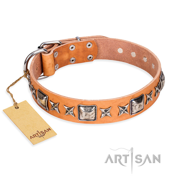 Easy wearing dog collar of strong full grain genuine leather with embellishments