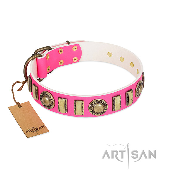 Convenient natural leather dog collar with corrosion resistant D-ring