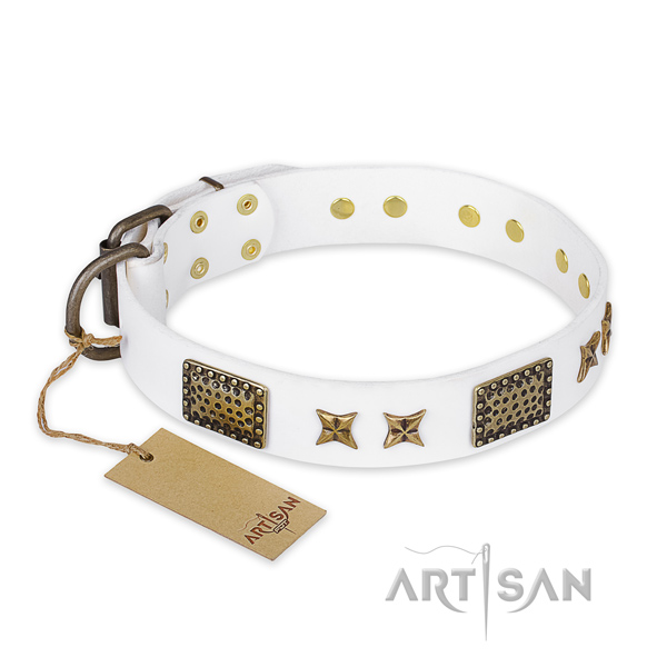 Decorated natural genuine leather dog collar with durable traditional buckle