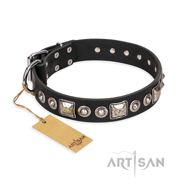 Genuine leather dog collar made of soft material with corrosion resistant traditional buckle