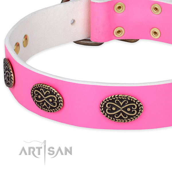 Full grain natural leather dog collar with adornments for comfy wearing