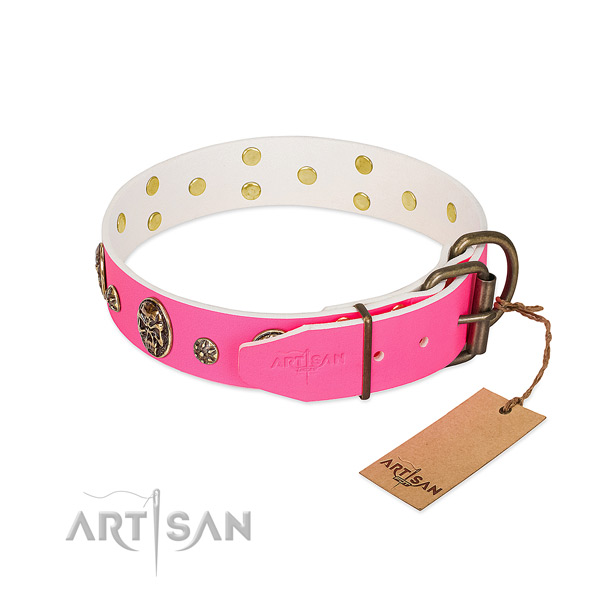 Strong D-ring on full grain genuine leather collar for stylish walking your doggie