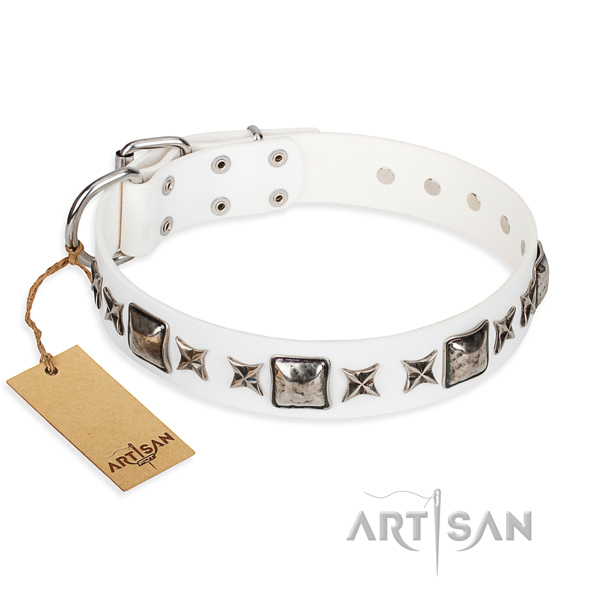 Full grain leather dog collar made of soft to touch material with rust-proof D-ring