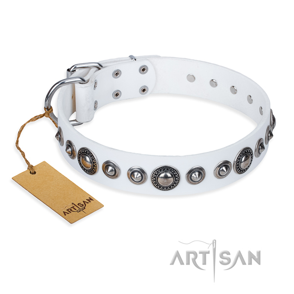 Natural genuine leather dog collar made of gentle to touch material with strong hardware