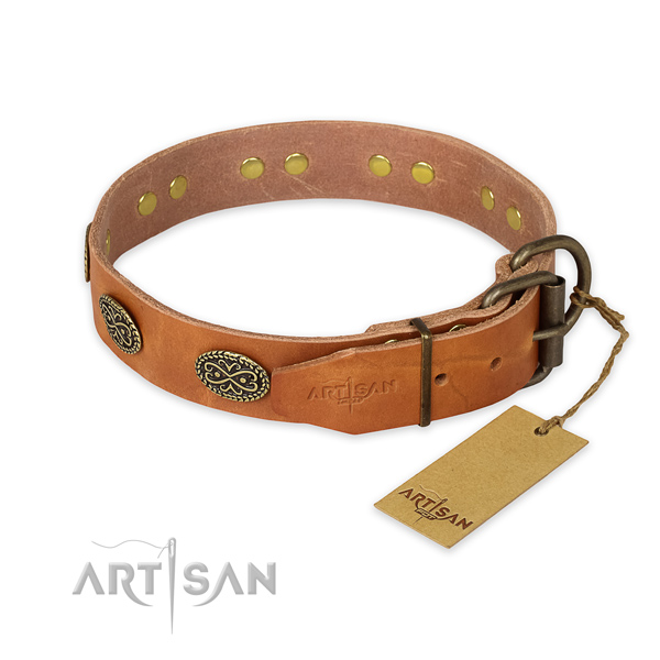 Durable D-ring on full grain genuine leather collar for everyday walking your four-legged friend