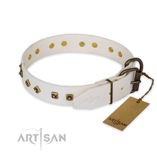 Durable D-ring on full grain genuine leather collar for walking your pet