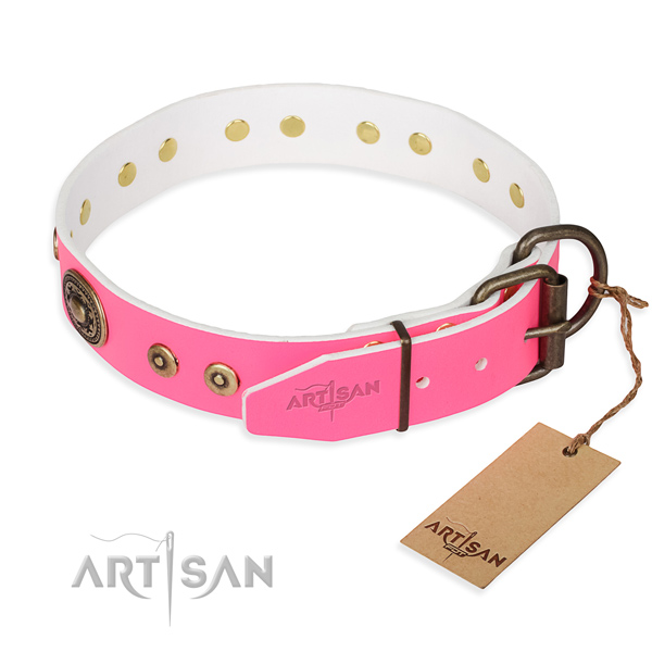 Natural genuine leather dog collar made of top notch material with corrosion proof decorations
