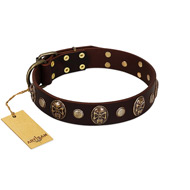 "Snazzy Paws" FDT Artisan Brown Leather Siberian Husky Collar Adorned with Conchos and Medallions  "Snazzy Paws" FDT Artisan Brown Leather Siberian Husky Collar Adorned with Conchos and Medallions