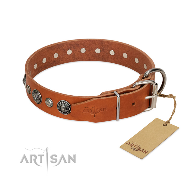 Flexible genuine leather dog collar with rust-proof buckle