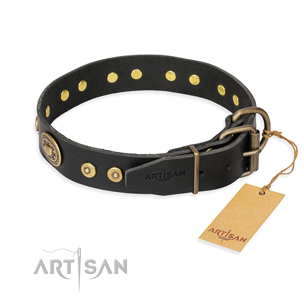 Genuine leather dog collar made of quality material with strong decorations