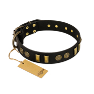 "Simple Elegance" FDT Artisan Black Leather Siberian Husky Collar with Old Bronze-like Plates and Circles