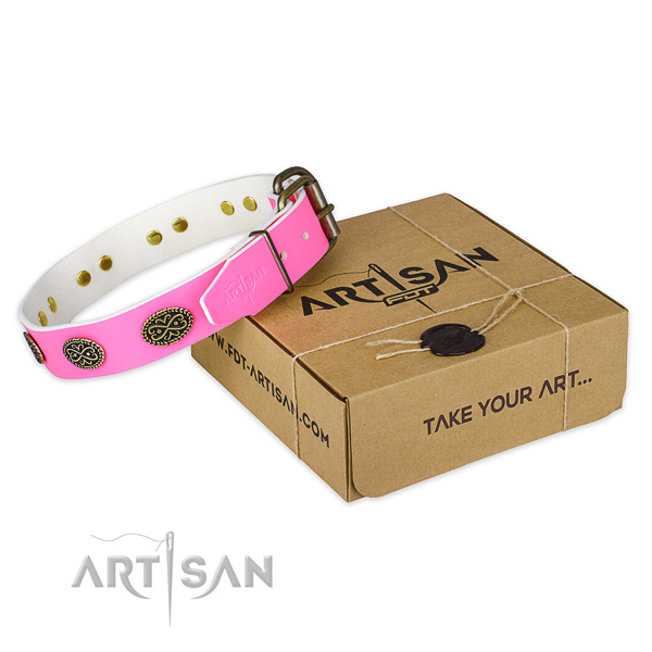 Adorned leather dog collar for handy use