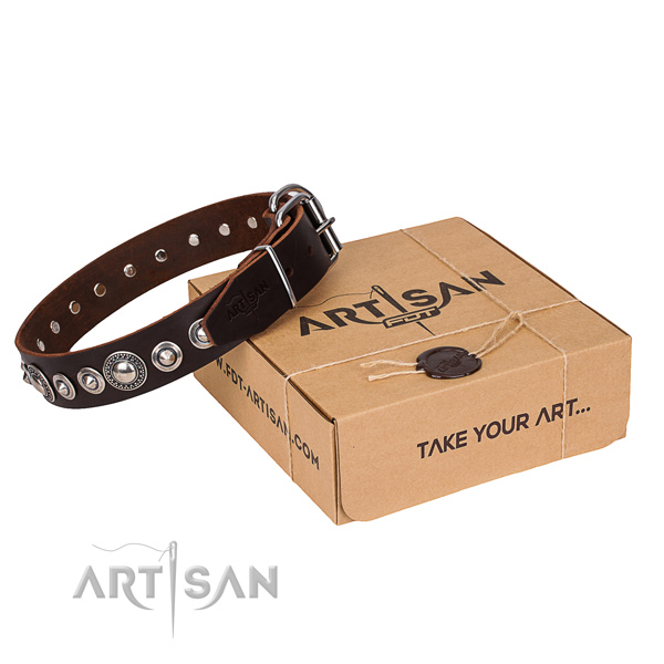 Full grain genuine leather dog collar made of quality material with corrosion resistant fittings