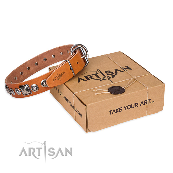 Full grain genuine leather dog collar made of reliable material with corrosion proof D-ring