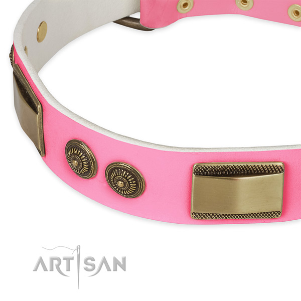 Natural genuine leather dog collar with decorations for everyday use