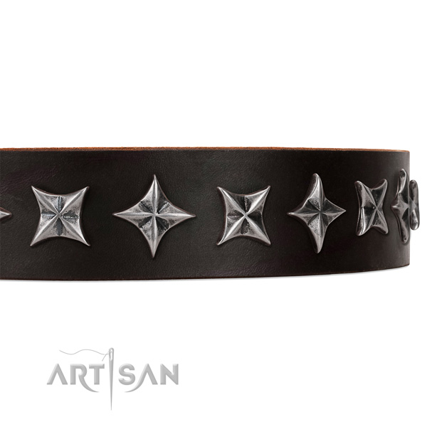 Comfy wearing embellished dog collar of high quality natural leather