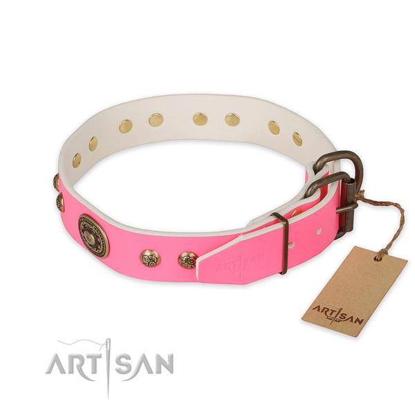 Corrosion resistant traditional buckle on genuine leather collar for stylish walking your four-legged friend