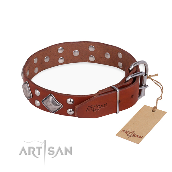 Full grain leather dog collar with remarkable rust-proof decorations
