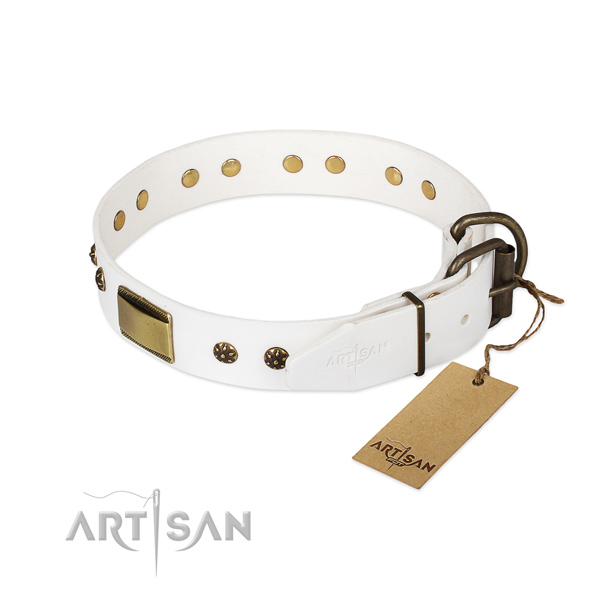 Genuine leather dog collar with rust resistant D-ring and decorations