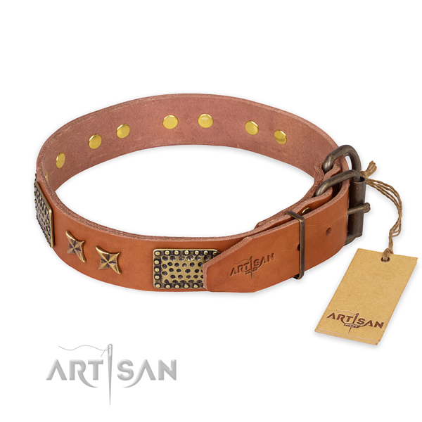 Reliable hardware on natural genuine leather collar for your lovely canine