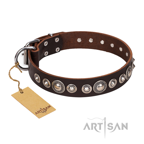 Natural genuine leather dog collar made of top notch material with rust resistant decorations