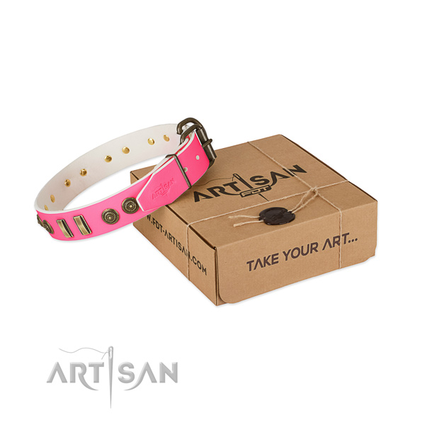 Strong buckle on genuine leather dog collar for your doggie