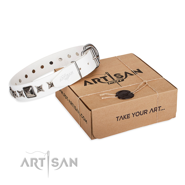 Daily use natural leather dog collar with decorations