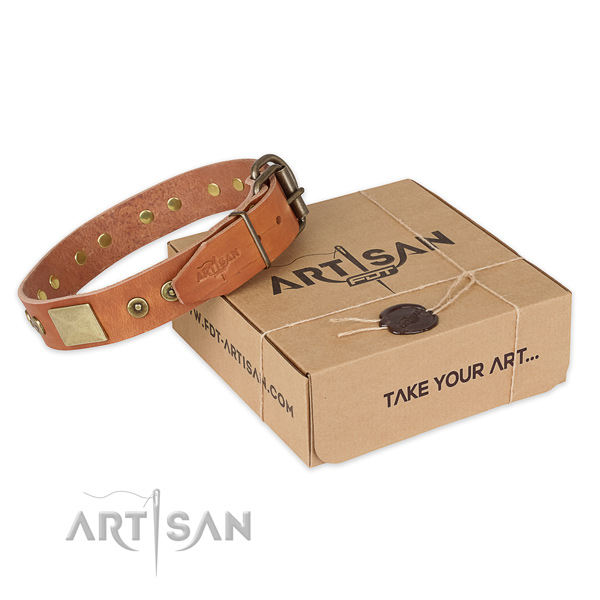 Strong hardware on natural genuine leather dog collar for everyday use