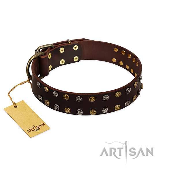 Comfortable wearing soft to touch full grain leather dog collar with embellishments