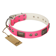 "Fashion Skulls" FDT Artisan Pink Leather Siberian Husky Collar with Old Silver Look Plates and Skulls "Fashion Skulls" FDT Artisan Pink Leather Siberian Husky Collar with Old Silver Look Plates and Skulls