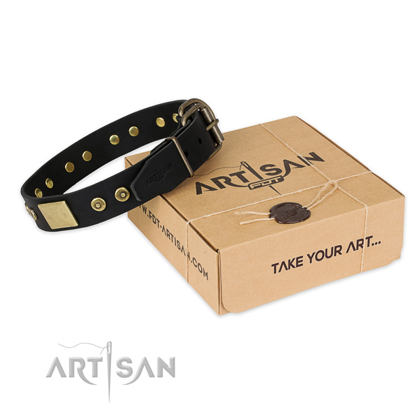 Corrosion resistant traditional buckle on full grain genuine leather dog collar for comfy wearing