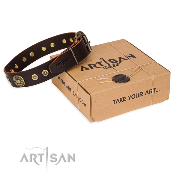 Full grain genuine leather dog collar made of high quality material with rust resistant traditional buckle